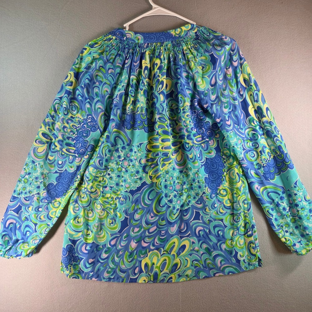 Lilly Pulitzer Elsa 100% Silk Top XS Lilly's Lagoon Smocked Blouse Preppy FLAW - Picture 4 of 9
